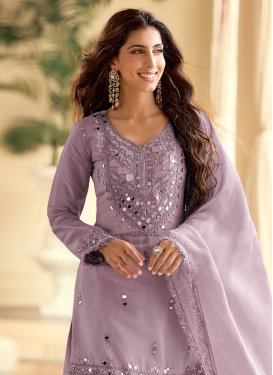 Embroidered Work Shimmer Straight Suit in Lavender for Women