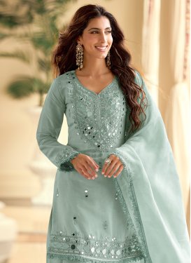 Shimmer Straight Suit in Aqua Blue with Embroidered Work for Festival