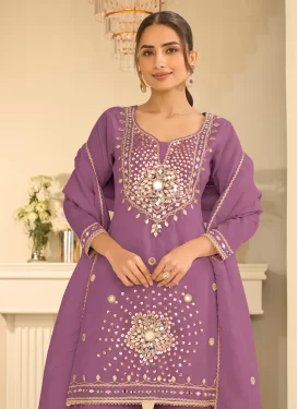 Embroidered Work Shimmer Sharara Suit in Violet for Party