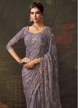 Embroidered Work Tissue Traditional Saree in Violet for Women