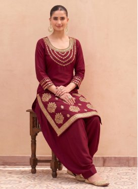 Embroidered Work Silk Blend Punjabi Salwar Suit in Maroon for Women