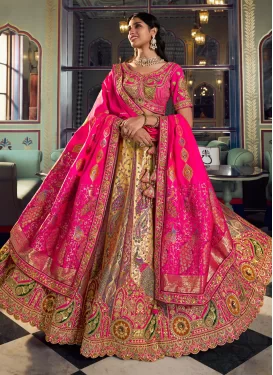Embroidered Work Banarasi Silk Designer Lehenga Choli in Gold and Rose Pink for Bridal