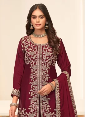 Chinon Palazzo Suit in Maroon with Embroidered Work for Party
