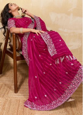 Chiffon Trendy Saree in Rose Pink with Embroidered Work for Women