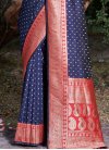 Silk Blend Navy Blue and Red Designer Contemporary Style Saree For Ceremonial - 2