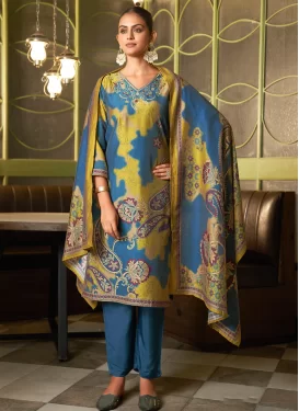 Art Silk Readymade Salwar Suit with Digital Print Work for Ceremonial in Mustard and Teal