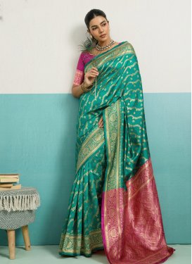 Woven Work Silk Blend Classic Saree in Rose Pink and Sea Green for Casual