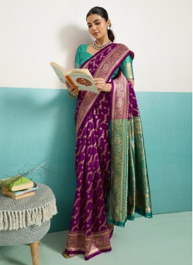 Silk Blend Classic Saree with Woven Work for Casual in Purple and Sea Green