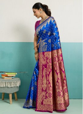 Silk Blend Traditional Saree in Blue and Fuchsia with Woven Work for Women