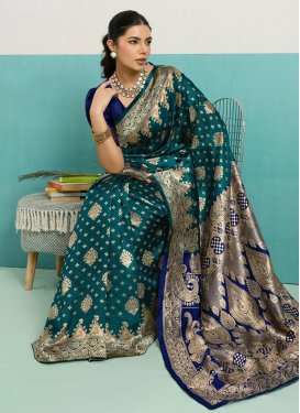 Silk Blend Traditional Saree with Woven Work for Women in Navy Blue and Teal