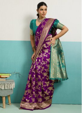 Purple and Teal Silk Blend Woven Work Traditional Saree for Women