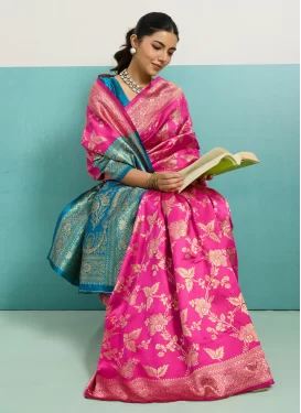 Woven Work Silk Blend Trendy Saree in Light Blue and Rose Pink for Women