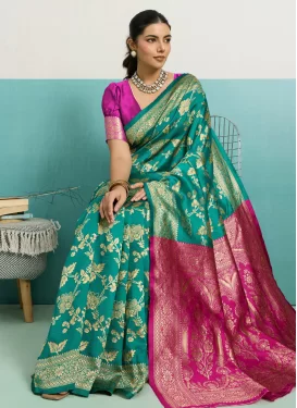Silk Blend Trendy Saree in Rose Pink and Sea Green with Woven Work for Casual