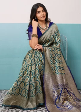 Silk Blend Trendy Saree with Woven Work for Casual in Navy Blue and Teal