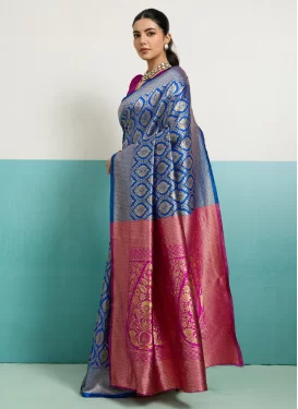 Silk Blend Woven Work Trendy Saree in Blue and Magenta