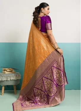 Silk Blend Trendy Saree with Woven Work in Mustard and Purple