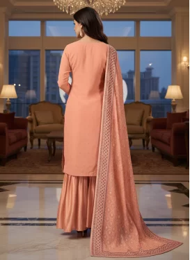 Embroidered Work Georgette Sharara Suit in Peach for Women