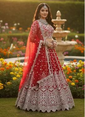 Embroidered Work Net Designer Lehenga Choli in Tomato for Women