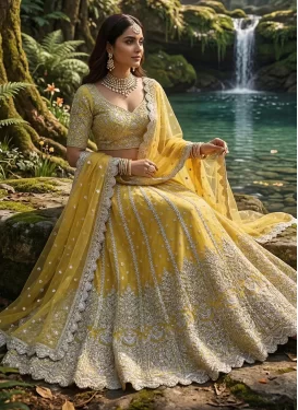 Net Designer Lehenga Choli in Yellow with Embroidered Work for Women