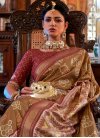 Brown and Crimson Tussar Silk Designer Traditional Saree For Festival - 1