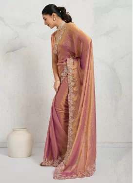 Chiffon Satin Classic Saree in Salmon with Embroidered Work for Women