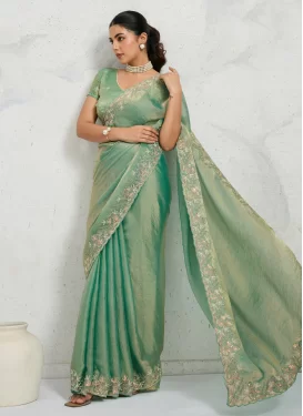 Sea Green Chiffon Satin Traditional Saree with Embroidered Work for Ceremonial