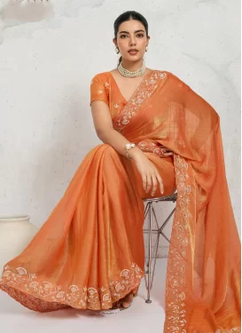 Orange Chiffon Satin Traditional Saree with Embroidered Work for Festival