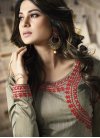 Fabulous Embroidered Work Silk Grey and Red Floor Length Anarkali Suit - 1