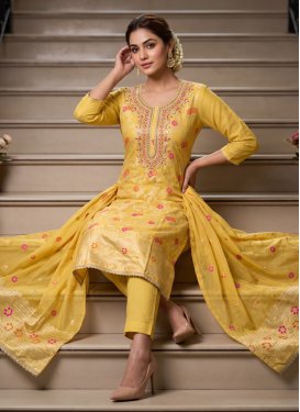 Beads Work Cotton Silk Straight Suit in Yellow for Women