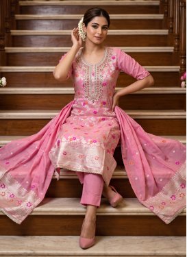 Pink Cotton Silk Beads Work Straight Suit for Women