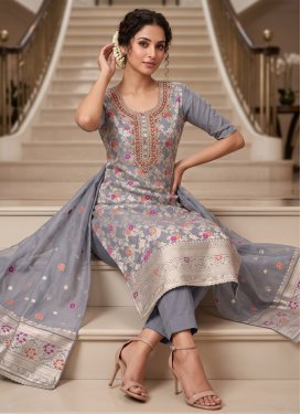 Cotton Silk Straight Suit with Beads Work for Ceremonial in Grey