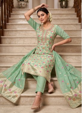 Beads Work Cotton Silk Straight Suit in Sea Green for Women