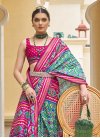 Rose Pink and Turquoise Print Work Patola Silk Designer Contemporary Style Saree - 2