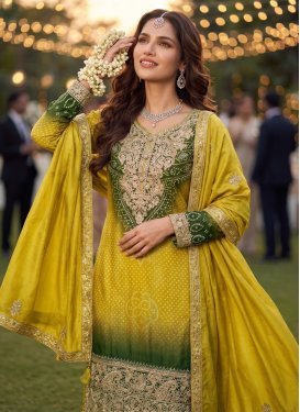 Chinon Palazzo Suit with Bandhani Print Work for Party in Green and Yellow