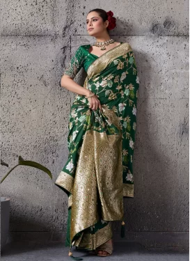 Cutdana Work Banarasi Silk Classic Saree in Green for Women