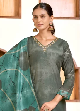 Digital Print Work Art Silk Readymade Salwar Suit in Sea Green for Women