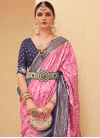 Silk Blend Print Work Navy Blue and Pink Traditional Designer Saree - 1