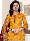 Art Silk Maroon and Mustard Lace Work Trendy Churidar Salwar Kameez - 1