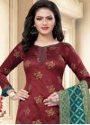 Maroon and Teal Woven Work Trendy Churidar Suit - 1