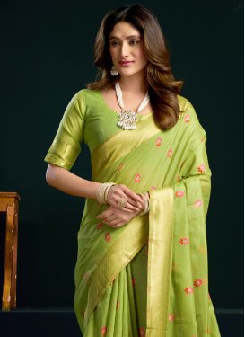 Cotton Silk Classic Saree with Woven Work in Mint Green for Festival