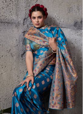 Satin Silk Classic Saree with Woven Work in Blue