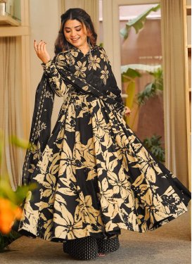 Digital Print Work Anarkali Suit For Festival in Black and Cream