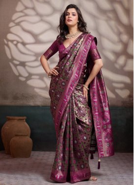 Silk Blend Traditional Saree in Fuchsia and Olive with Woven Work for Women
