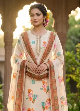 Cotton Straight Suit with Beads Work for Women in Cream and Orange