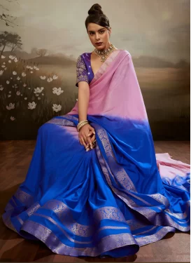 Embroidered Work Chiffon Satin Classic Saree in Blue and Pink for Festival