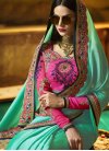 Rose Pink and Turquoise Embroidered Work Satin Silk Contemporary Style Saree - 1