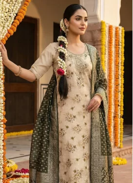 Beads Work Cotton Silk Straight Suit in Cream for Women