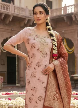 Beads Work Cotton Silk Straight Suit in Salmon for Women