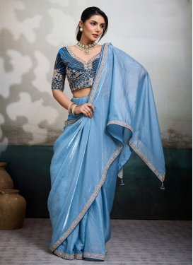 Light Blue Satin Silk Cutdana Work Traditional Saree for Women