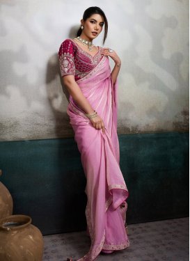 Cutdana Work Satin Silk Traditional Saree in Pink for Festival